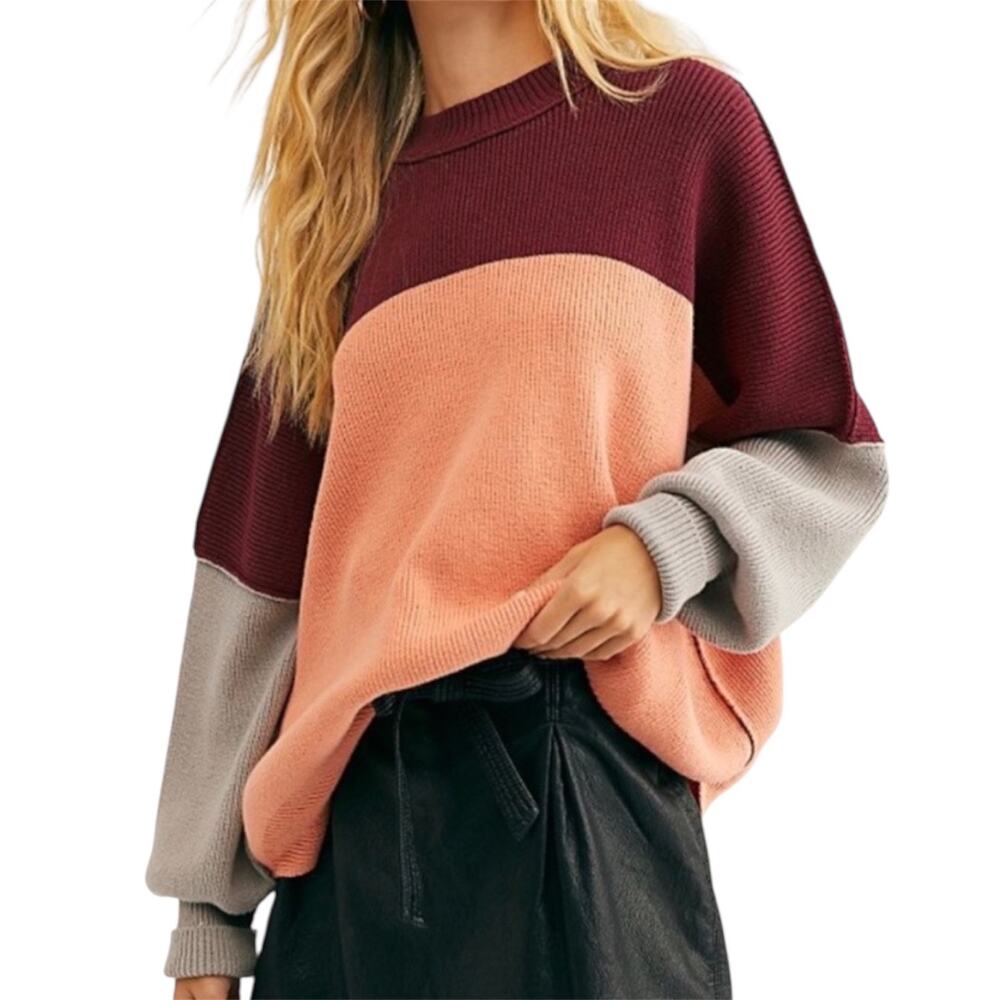 Free People Easy Street Color-Block Sweater Size XS Oversized Maroon Pink Gray